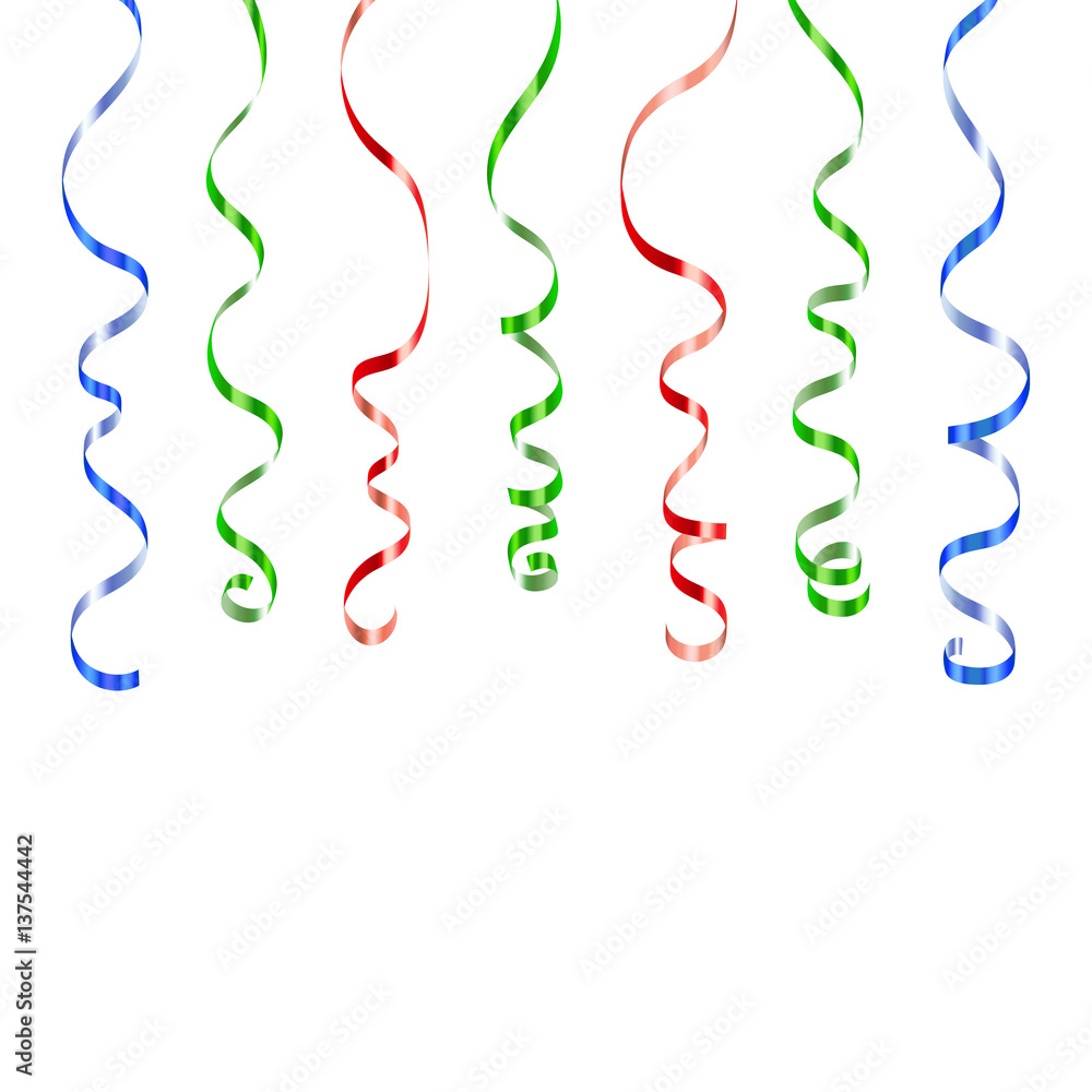 Red green blue curly ribbons. Serpentine on white background. Colorful streamers. Design decoration party, birthday, Christmas, New Year celebration, anniversary, carnival Vector illustration Red green blue curly ribbons. Serpentine on white background. Colorful streamers. Design decoration party, birthday, Christmas, New Year celebration, anniversary, carnival Vector illustration