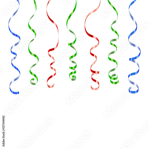 Red green blue curly ribbons. Serpentine on white background. Colorful streamers. Design decoration party, birthday, Christmas, New Year celebration, anniversary, carnival Vector illustration