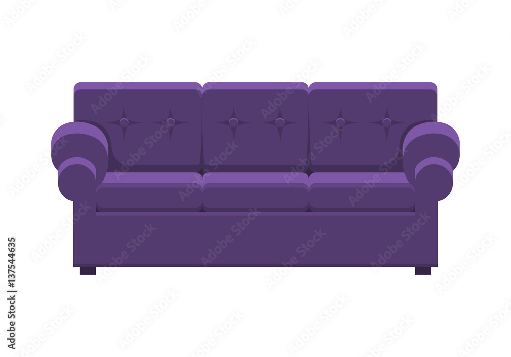 Violet sofa. Icon of furniture for an house interior, living room: classic or modern and vintage cozy couch. Vector flat colorful illustration isolated on white background. Violet sofa. Icon of furniture for an house interior, living room: classic or modern and vintage cozy couch. Vector flat colorful illustration isolated on white background.