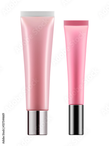 Set of realistic lipsticks. Decorative cosmetic product for beautiful and glamour glossy lip. Makeup for beauty face. Blank template of containers. Vector illustration isolated on white