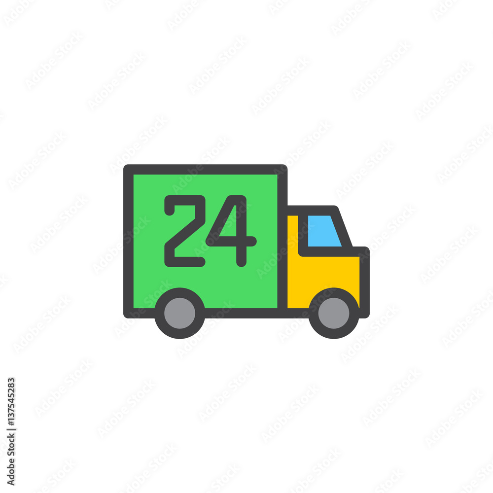 24 hours delivery truck line icon, filled outline vector sign, linear colorful pictogram isolated on white. Symbol, logo illustration 24 hours delivery truck line icon, filled outline vector sign, linear colorful pictogram isolated on white. Symbol, logo illustration