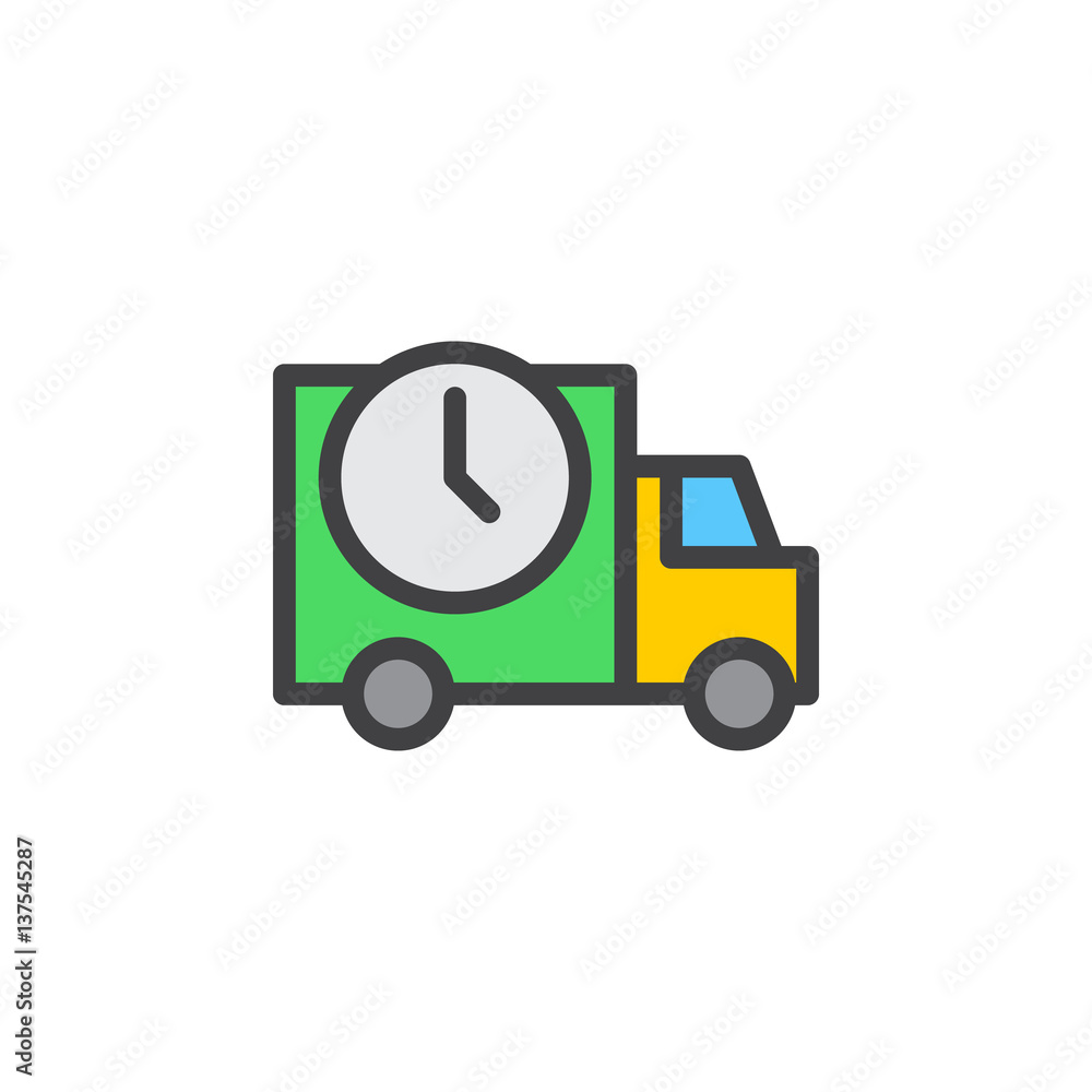 Shipping truck with clock line icon, filled outline vector sign, linear colorful pictogram isolated on white. Delivery time symbol, logo illustration Shipping truck with clock line icon, filled outline vector sign, linear colorful pictogram isolated on white. Delivery time symbol, logo illustration