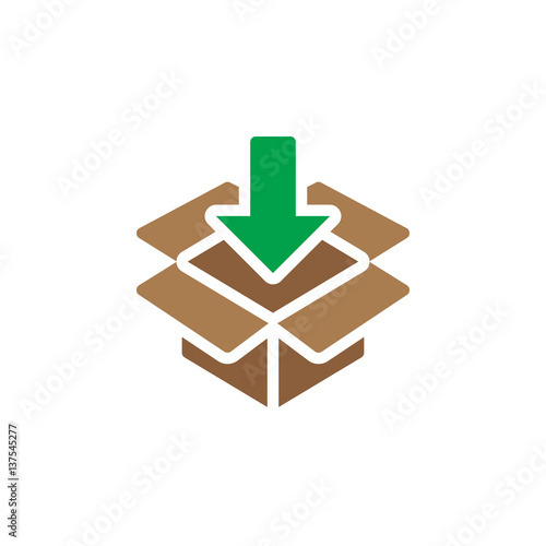 Box with down arrow icon vector, filled flat sign, solid colorful pictogram isolated on white. Packaging, loading symbol, logo illustration