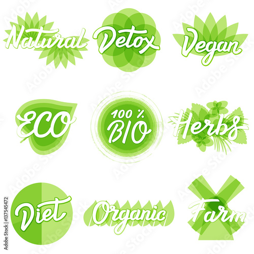 ECO, BIO Green Set with logo design elements, product emblems, farming and ecology concepts, healthy living style symbols.