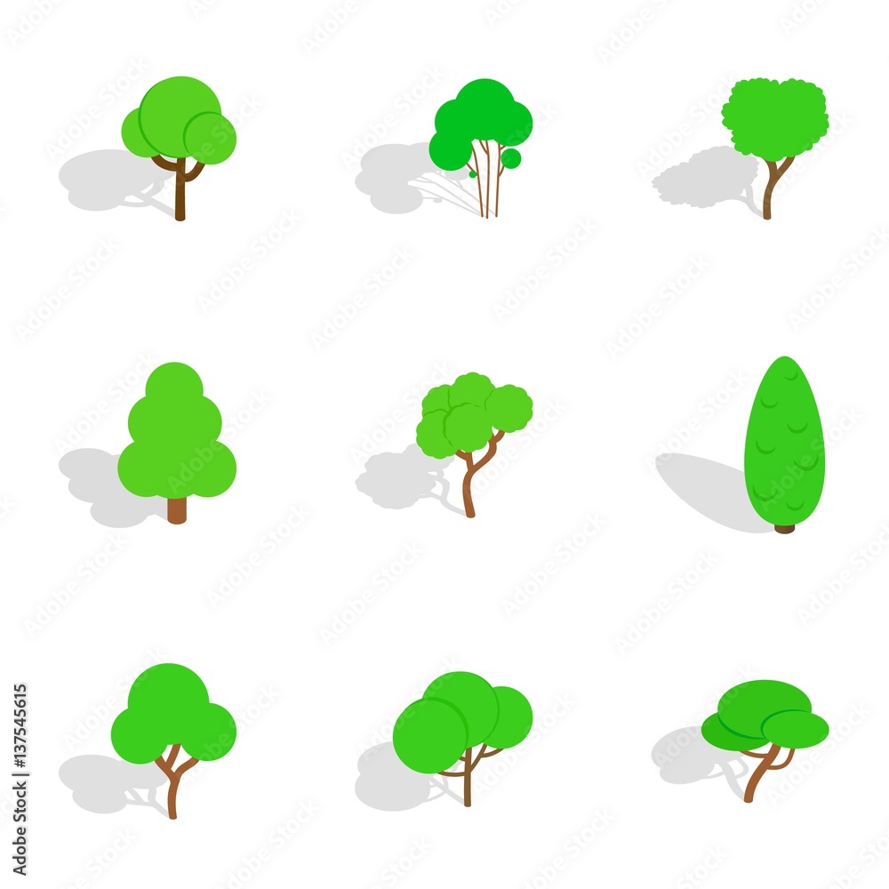 Deciduous trees icons, isometric 3d style