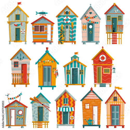 14 various multi-colored Beach Huts.
