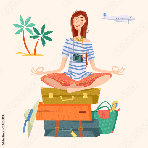 Young woman sits on a stack of suitcases in a yoga lotus pose and meditates. Travel concept.