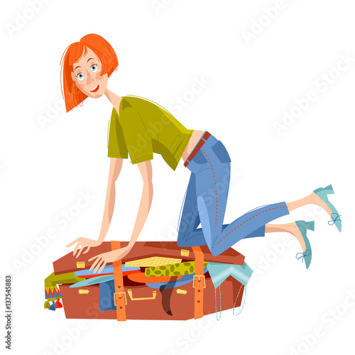 Young woman sitting on overflowed suitcase and trying to close it. Preparing for journey. Travel concept. 