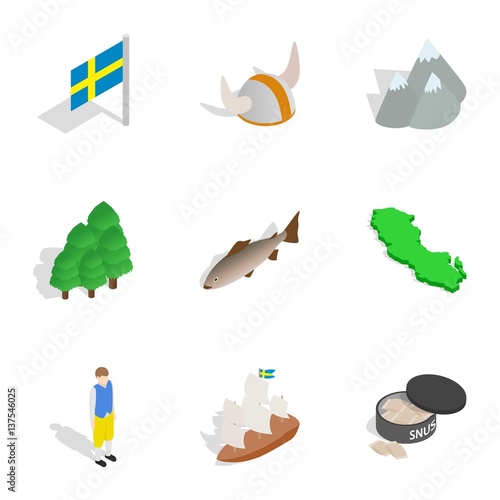 Sweden icons set, isometric 3d style