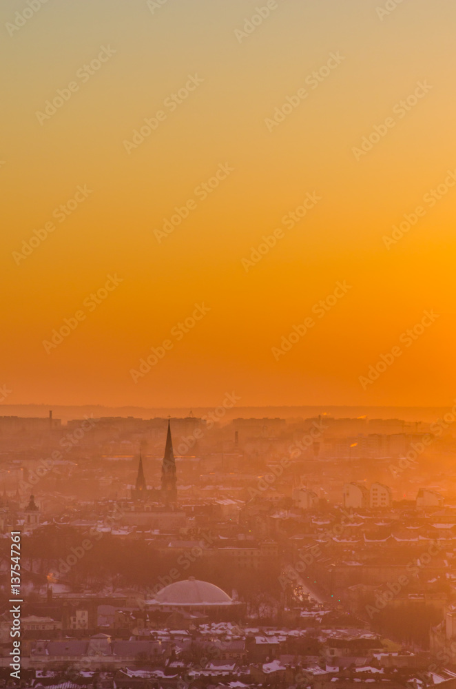 Naklejka premium Lviv city scape during the sunset