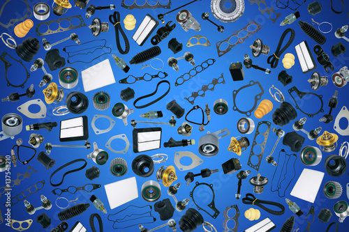 Auto spare parts car on the blue background. Set with many isolated items for shop or aftermarket.