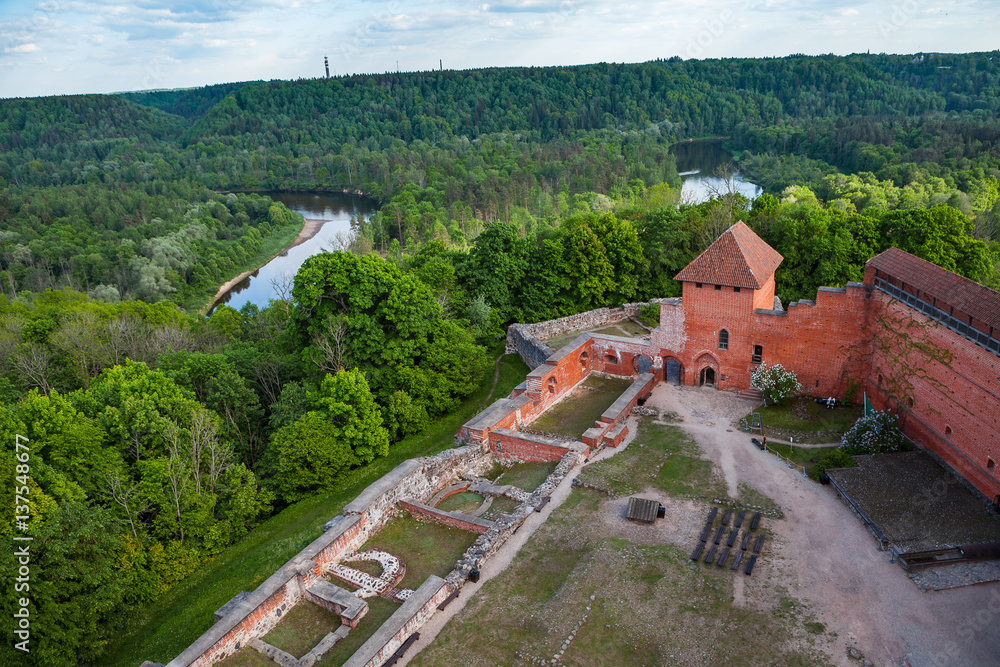 Ruins of medieval Turaida castle in Latvia. Summer daytime.