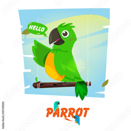 parrot on a branch with speech bubble. character design. mascot concept - vector