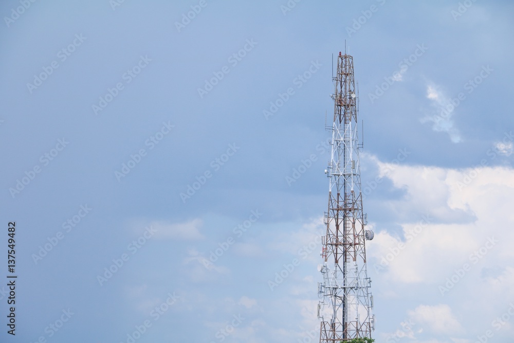 Telecommunication tower with antennas communication, telecom radio telephone mobile phone on sky background Telecommunication tower with antennas communication, telecom radio telephone mobile phone on sky background