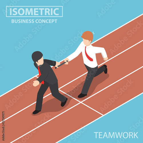 Isometric Businessman Passing Baton to His Colleague in Relay Race