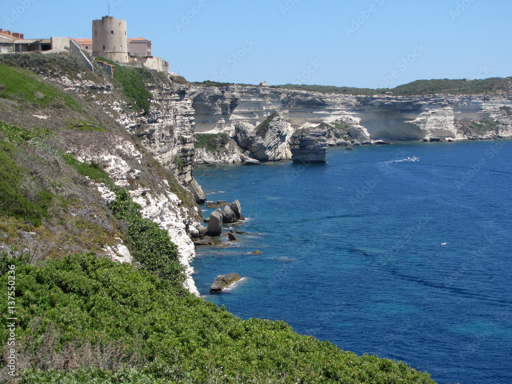 limestone cliffs, mediterranean sea, view from Bonifacio. Corsica Island, France