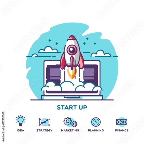 Start up. Concept for new business project, launching product or service with symbols. Vector illustration.