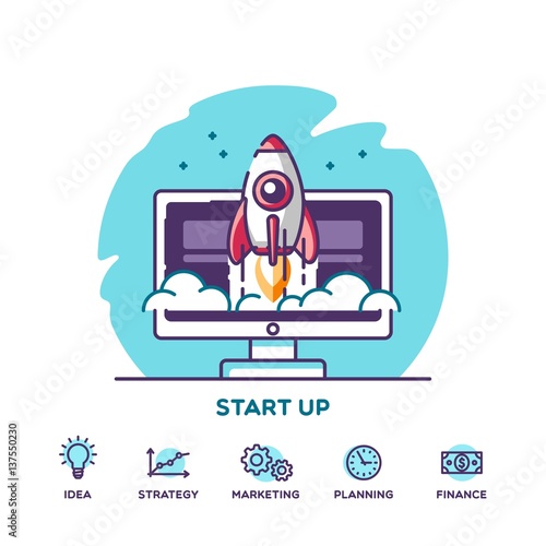 Start up. Concept for new business project, launching product or service with symbols. Vector illustration.