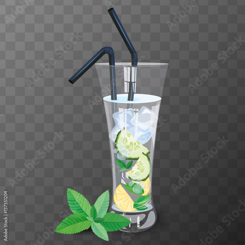 Refreshig drink with cucumber, lemon and mint vector illustration.