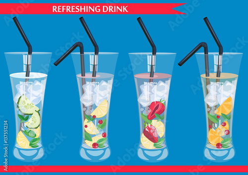 Set of refreshig drinks with cucumber, cranberry, orange, strawberry and mint vector illustration.
