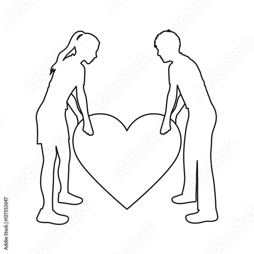 monochrome contour with couple holding a big heart vector illustration