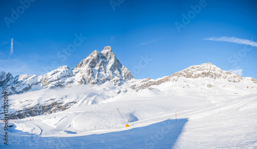Panoramic view of Italian Alps from Cime Bianche in the winter in the Aosta Valley region of northwest Italy.