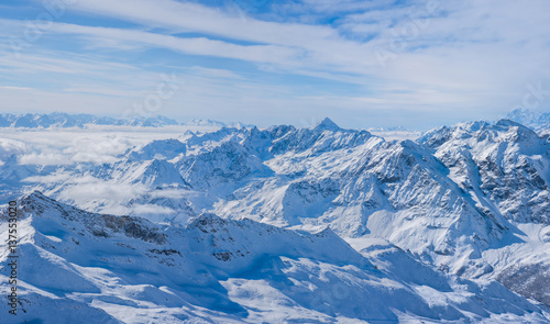 Panoramic view of Italian Alps from Plateau Rosa in the winter in the Aosta Valley region of northwest Italy.