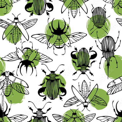 Seamless pattern with hand drawn beetles.