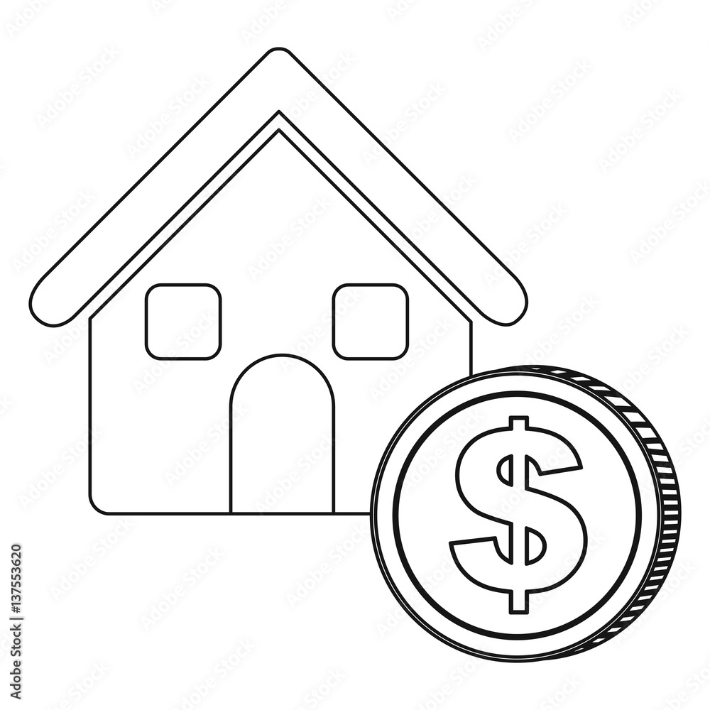 monochrome contour house with icon coin vector illustration monochrome contour house with icon coin vector illustration