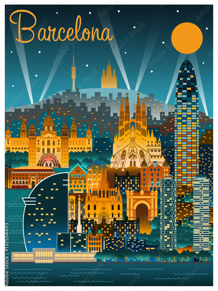Barcelona at night. Handmade drawing vector illustration.  - obrazy, fototapety, plakaty 