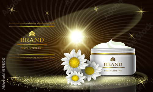 Cosmetics luxury beauty series, ads of premium body chamomile cream for skin care. Template for design poster, placard, presentation, banners, cover, vector illustration.