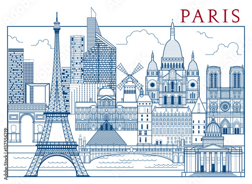 Paris Attractions. Handmade drawing vector illustration. All buildings - customizable different objects with background fill