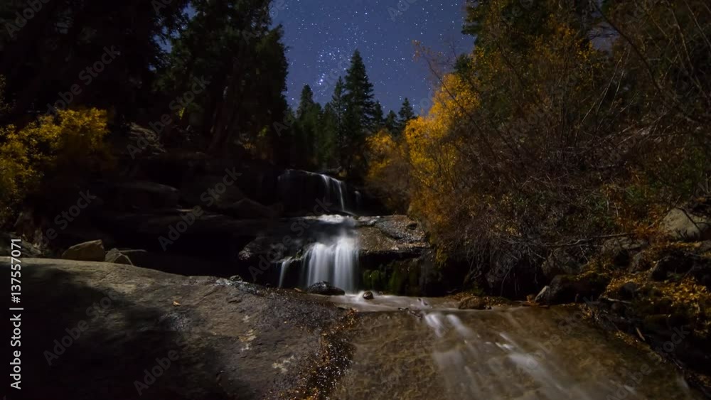 Astro Timelapse of Fall Foliage Waterfalls in Moonlight -Tilt Up-