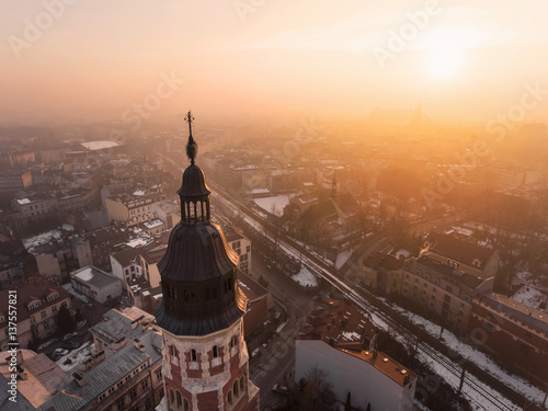 Drone aerial view over Church in Krakow  Poland