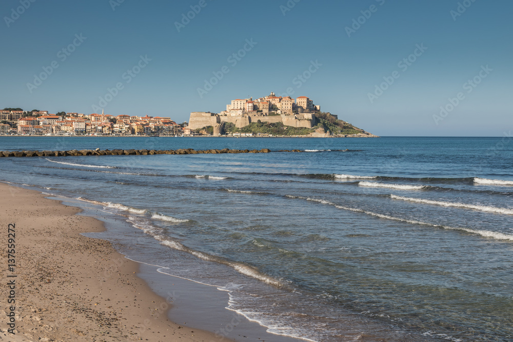 Waves lapping onto Calvi beach with Citadel and town behind