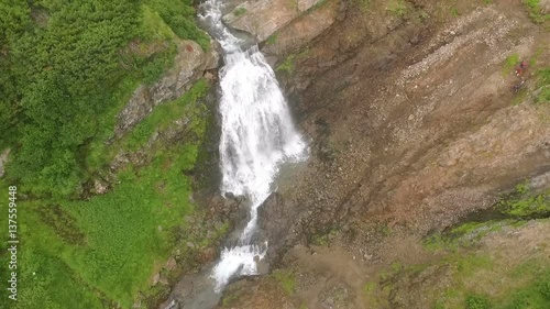 View of the waterfall from the bird's flight. Waterfall Aerial Video