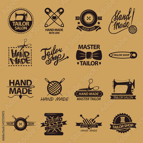 Set of logos for handmade shops. Tailor salon advertisement logotypes.