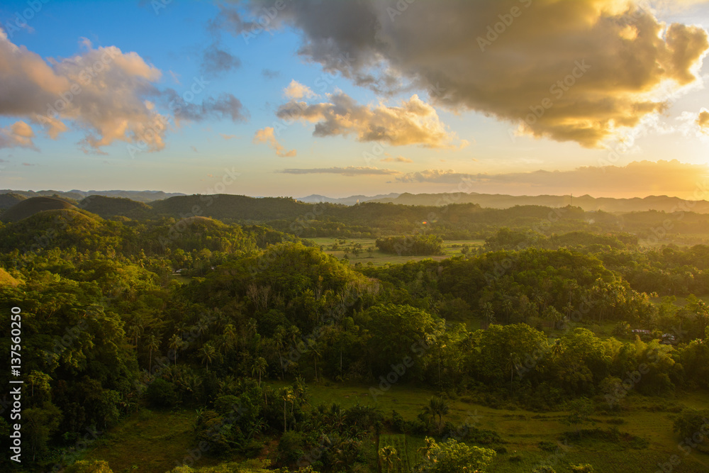 Landscape in Philippines, the sunset over the fields on Island Bohol