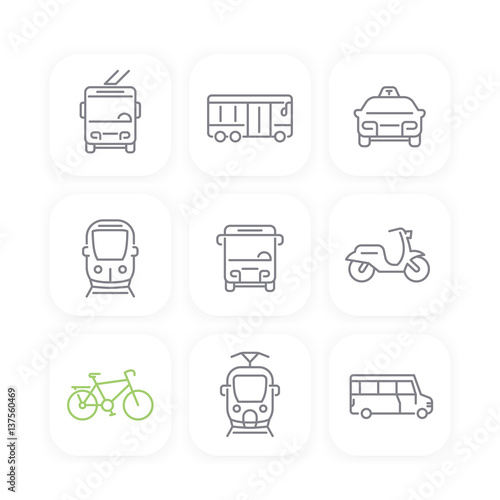 City transport, bus, transit van, cab, train, taxi line icons set