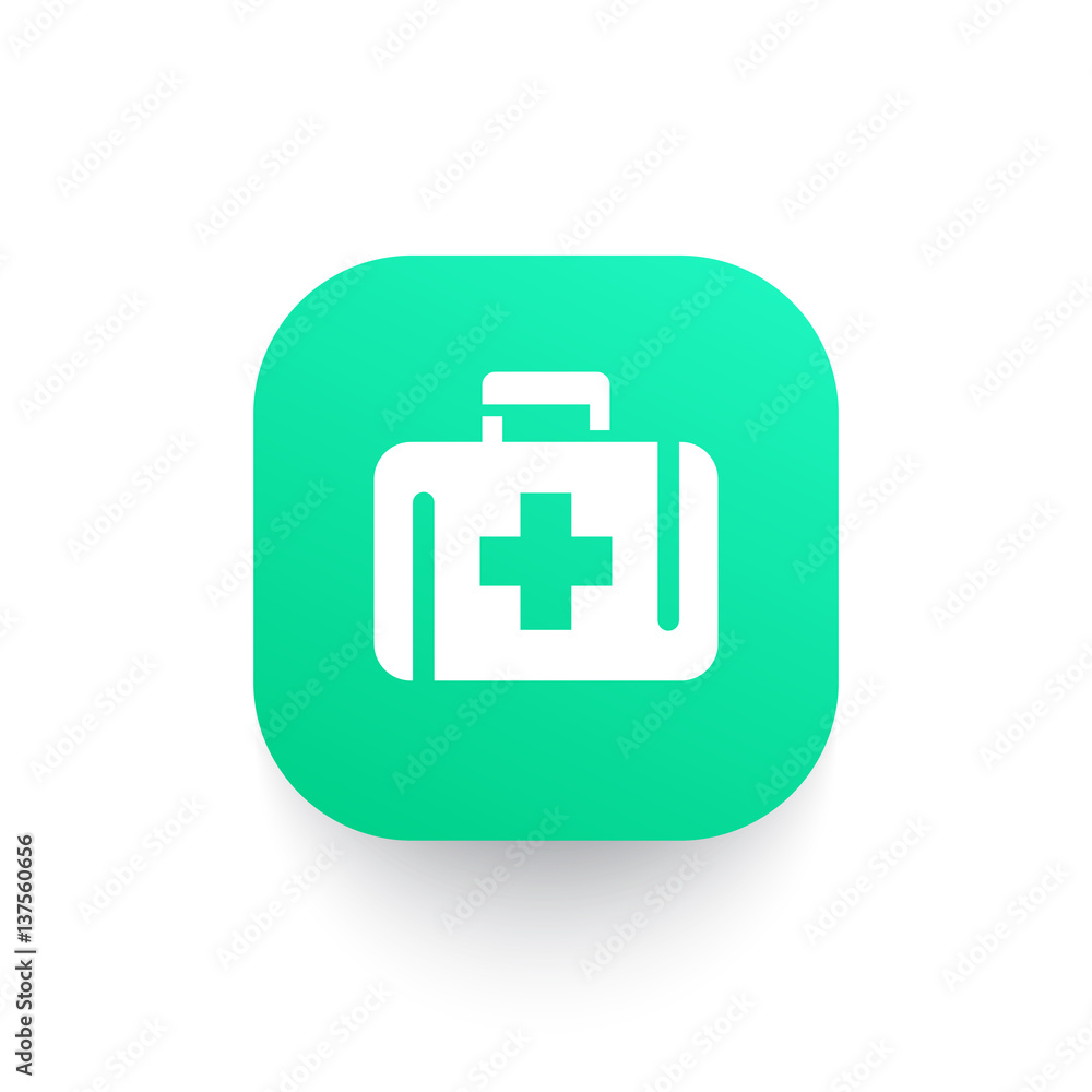 First aid kit icon, medicine chest symbol on green shape First aid kit icon, medicine chest symbol on green shape