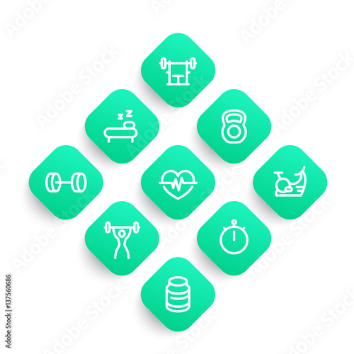 Fitness icons set in linear style with thick outline, gym, workout, training, active lifestyle, vector illustration