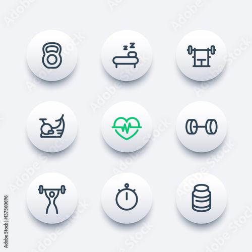 Fitness line icons set, gym, workout, training, active lifestyle, thick outline