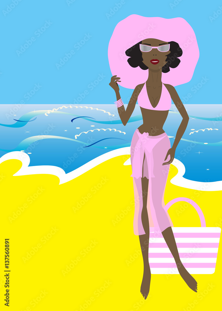 girl sunbathe on the sea beach wearing pink hat and sunglasses