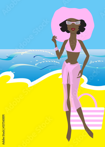 girl sunbathe on the sea beach wearing pink hat and sunglasses © ssshy