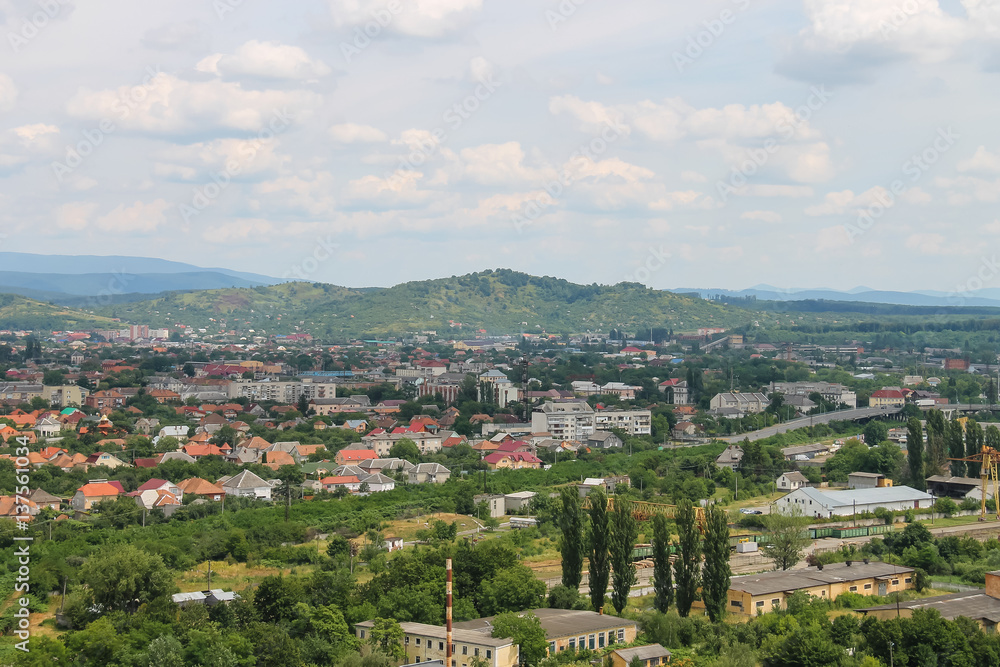 Panorama of Mukachevo. View from Palanok Castle hill. Ukraine