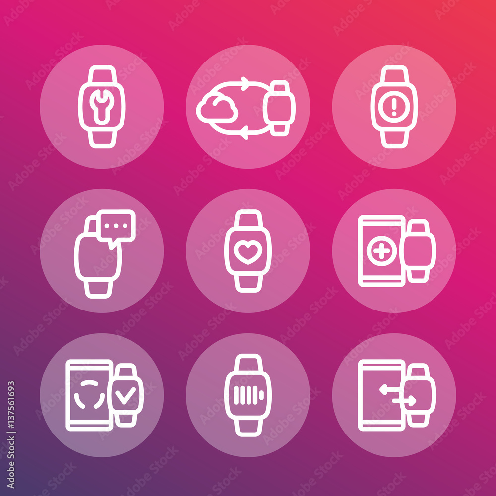 smart watch line icons set, synchronization with cloud or smartphone, wearable device, configuration, charging smart watch line icons set, synchronization with cloud or smartphone, wearable device, configuration, charging