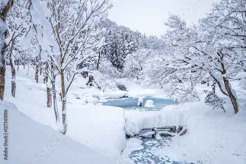 Winter Landscape around the famous traditional gassho-zukuri farmhouses village Shirakawa-go in Japan © Puripat