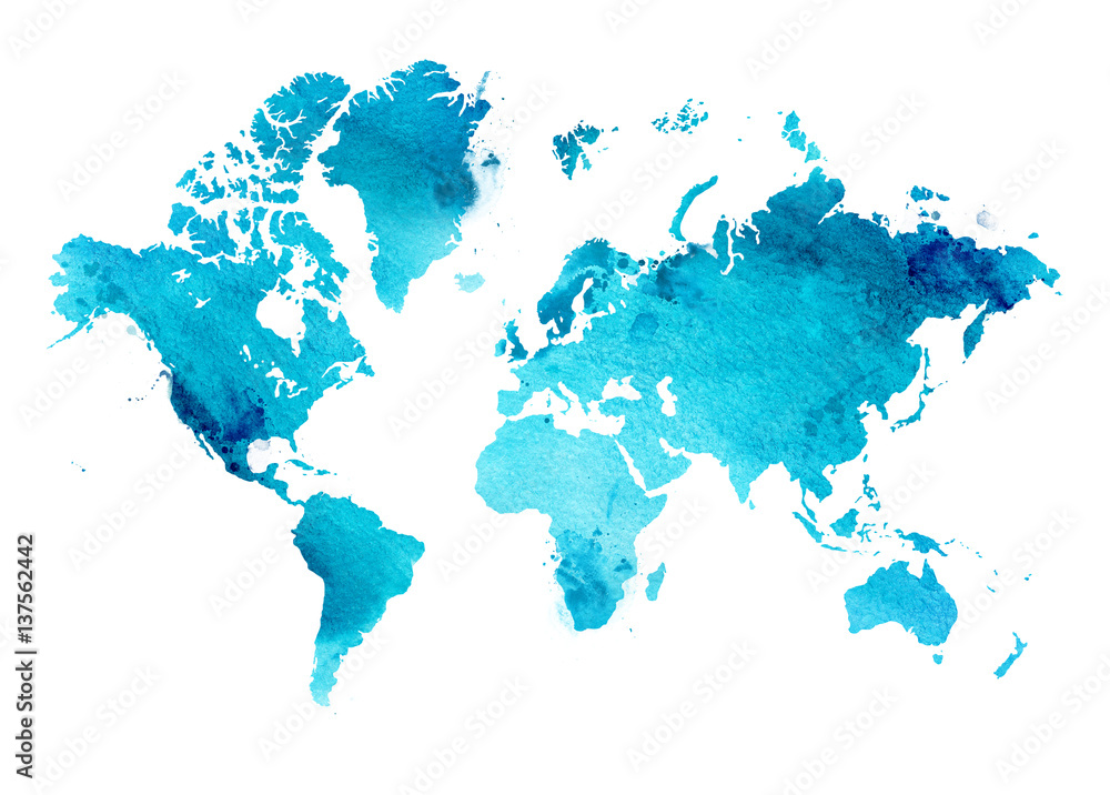 Illustrated map of the world with a isolated background. blue heaven watercolor