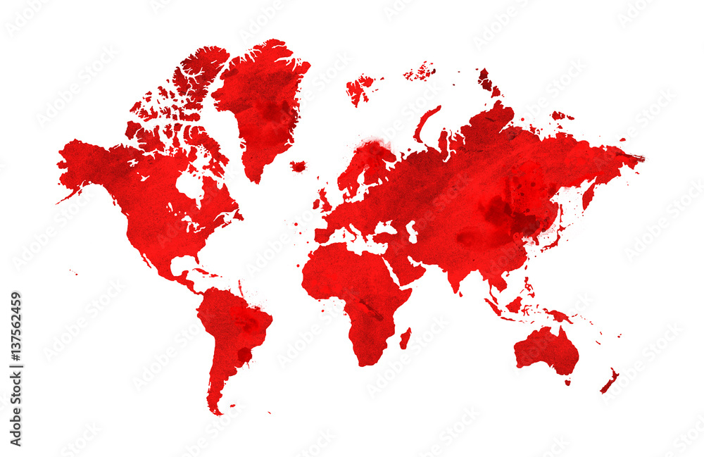 Illustrated map of the world with a isolated background. red watercolor