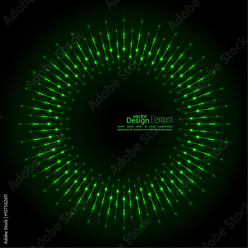 Abstract techno background with rays with glowing particles. Tech design. Lights vector frame. Glowing dots. Round banner of pixels. Geometric Shapes.  green, jade, malachite